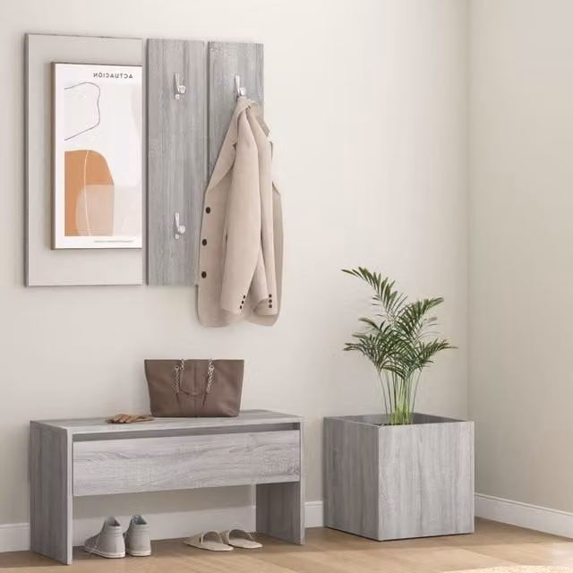 Berkfield Home Modern Hallway Furniture Set in Grey Sonoma, featuring a Bench, Mirror and Wall Rack made from MDF