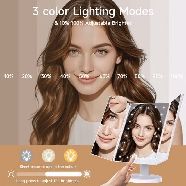 Livingandhome Tri-Fold Makeup Mirror with LED Lights, Black