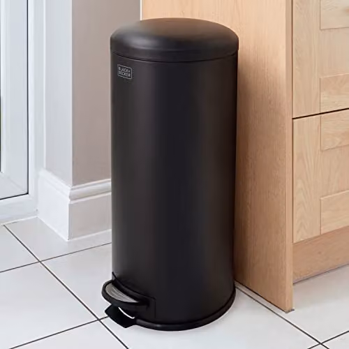 BLACK+DECKER 30 Litre Dome Kitchen Pedal Bin with Soft Close Lid and Removable Inner Bucket in Matte Black Steel