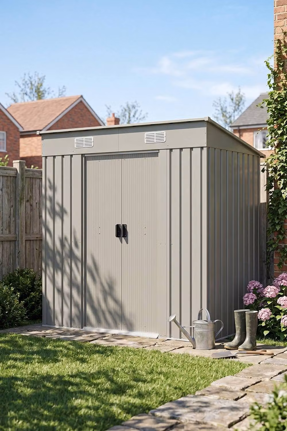 Garden Sanctuary Grey Metal Pent Roof Garden Tool Shed with Sliding Doors W/D/H: 182 x 121 x 194 cm – 2
