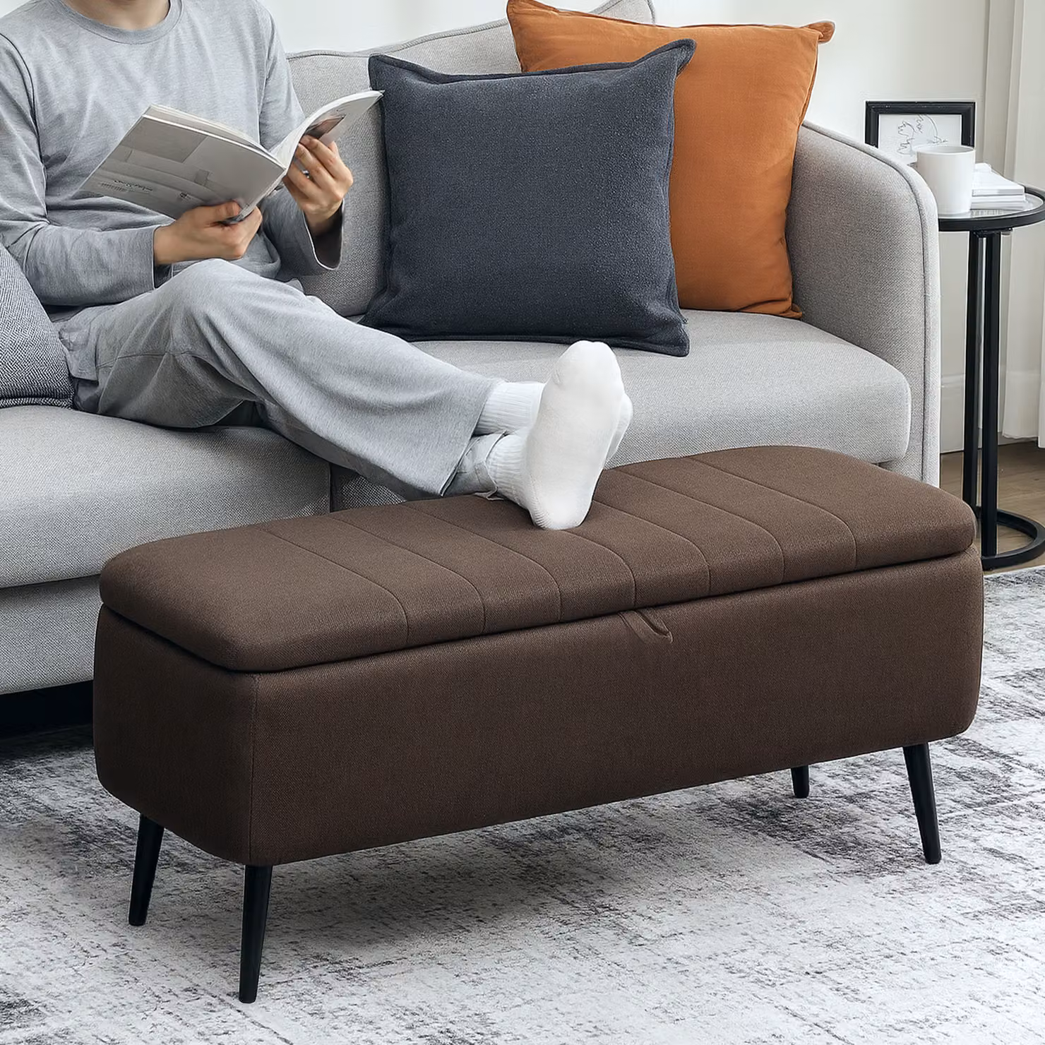 HOMCOM Linen-Look Storage Ottoman in Brown, W: 92 cm, D: 31 cm, H: 31 cm – 2