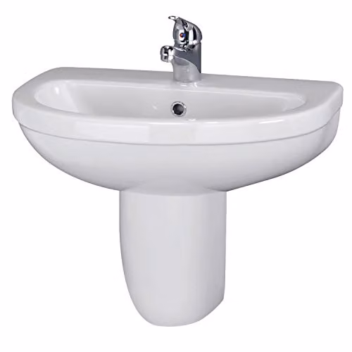 Nuie White Ceramic Wall Hung Bathroom Sink Basin with Semi Pedestal, W: 55.0 cm, D: 49.5 cm, H: 44.5 cm – 1