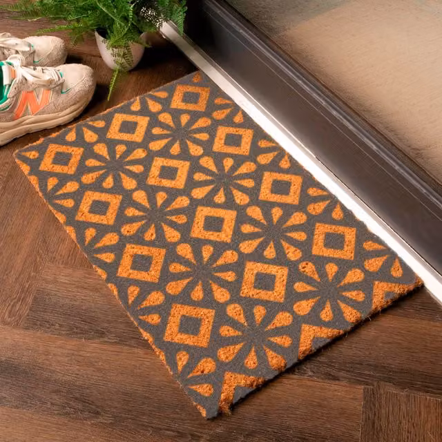 Artsy Grey Square Tile Pattern Coir and PVC Doormat, W: 60 cm, D: 40 cm