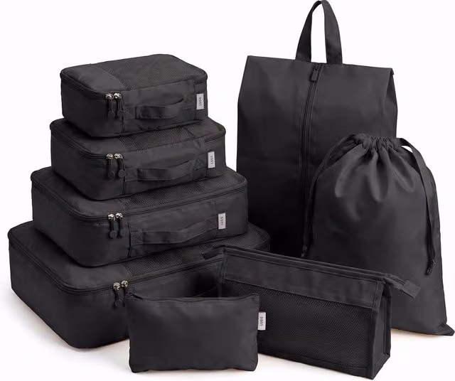 Lugg 8 Set Compression Packing Cubes Suitcase Organiser Set in Black