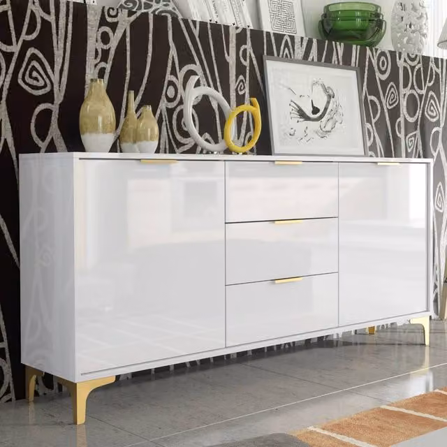 Creative Furniture Goldline Gloss Sideboard, White and Gold, W: 140 cm, H: 80 cm, D: 35 cm – 1