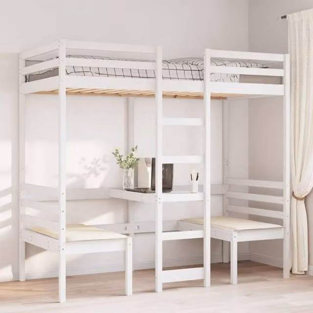 Berkfield Home Loft Bed Frame with Desk and Chairs in White Solid Pine, W/D/H: 90 x 200 x 190.5 cm