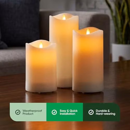 Gardenwize 3 Piece Solar Powered LED Pillar Candle Set in White with Flicker Effect, H 15 cm, H 12.5 cm, H 10 cm – 5
