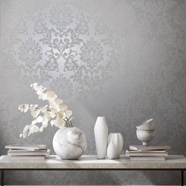 Galerie Industrial Effects Pearlescent Damask Wallpaper in White Pearl and Silver
