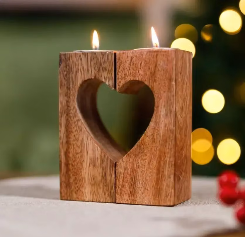 Marco Paul Classic Wood Cut Out Heart Tea Light Holder in Brown and Beige – 2