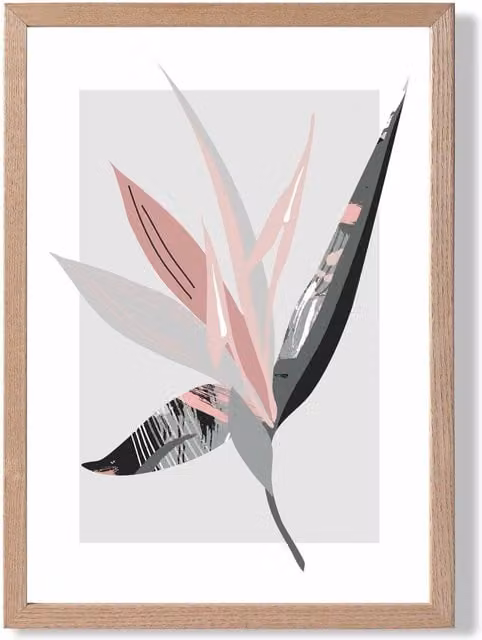 ARTZE Tropical Flower Boho Botanical Framed Print in Grey and Pink with Oak Frame, Size: A3