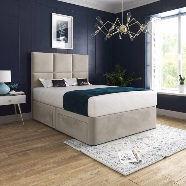 KDMD Caprio Upholstered Floorstanding Headboard and Divan Bed Frame with Drawers, Beige, W/D/H: 200 x 200 cm – 1