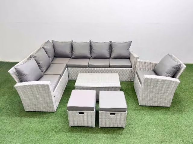 Fimous 9 Seater L-Shape Garden Furniture Set in Light Grey with PE Rattan, Powder Coated Steel Frame and Upholstered Cushions