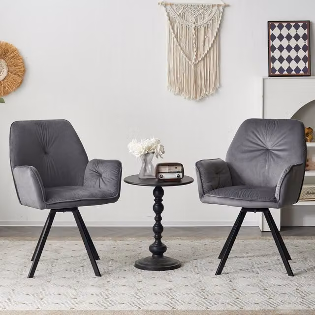 Home Touch Interiors Set of 6 Grey Velvet Swivel Dining Chairs with Armrests and Wood and Metal Accents