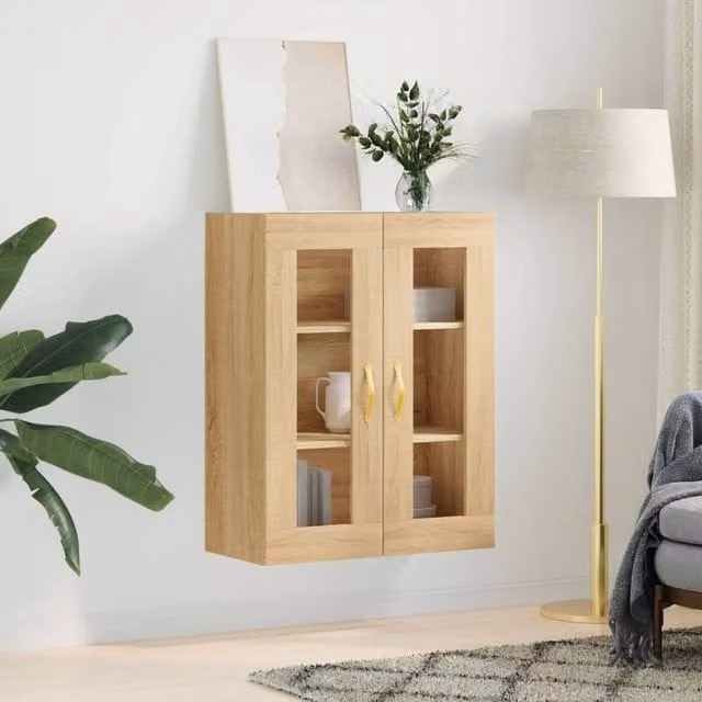 Berkfield Home Wall Mounted Sonoma Oak Cabinet with Glass Doors in Beige, W/D/H: 69.5 x 34 x 90 cm – 1