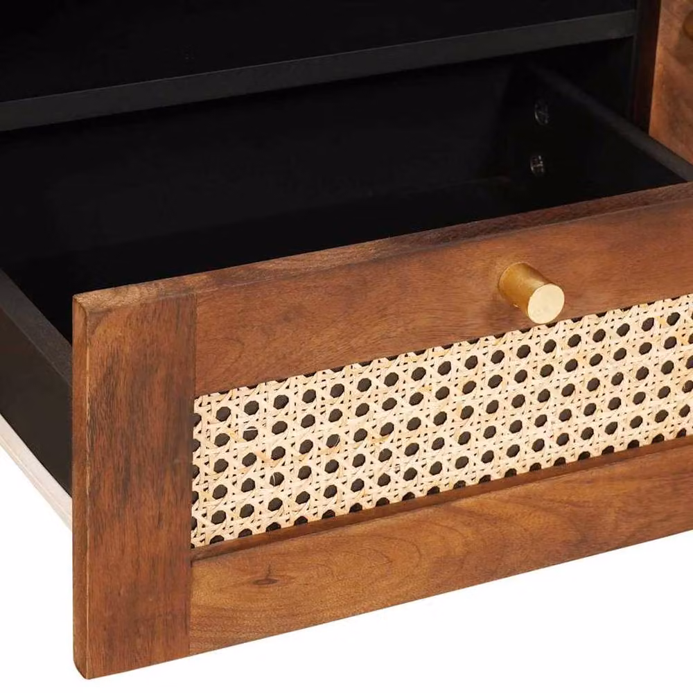 Berkfield Mid Century Home Media Storage Cabinet in Brown Mango Wood and Rattan, W/D/H: 105 x 33.5 x 46 cm – 5