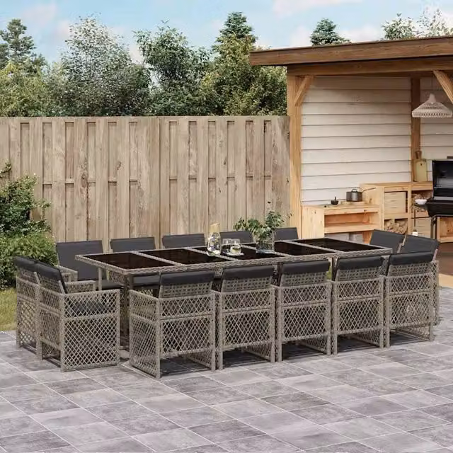 Berkfield Home 15 Piece Grey Poly Rattan Garden Dining Set with Glass Tabletop and Cushions