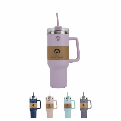 Restore Stainless Steel Tumbler with Handle and Straw Lid, Pink and Purple, 1.12 l – 1