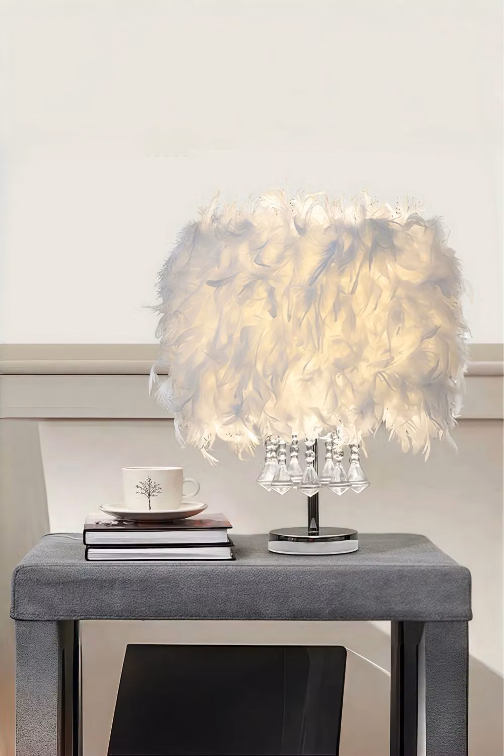 Living and Home Modern Feather Bedside Table Lamp in White and Silver – 3