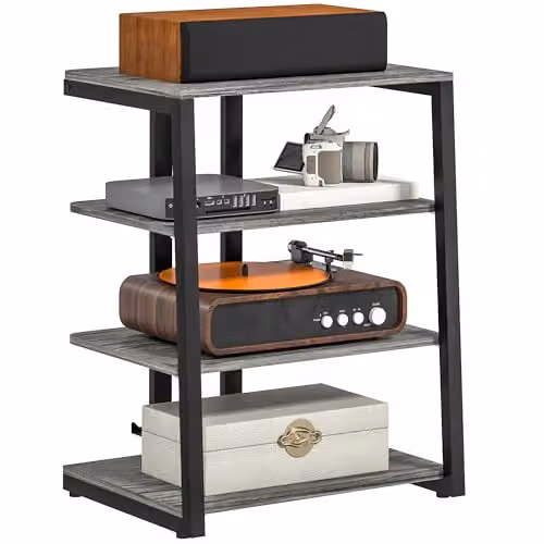 HOMCOM 4-Tier HiFi Media Storage Shelf and Record Player Stand in Matt Grey, W/D/H: 60.5 x 60 x 79 cm