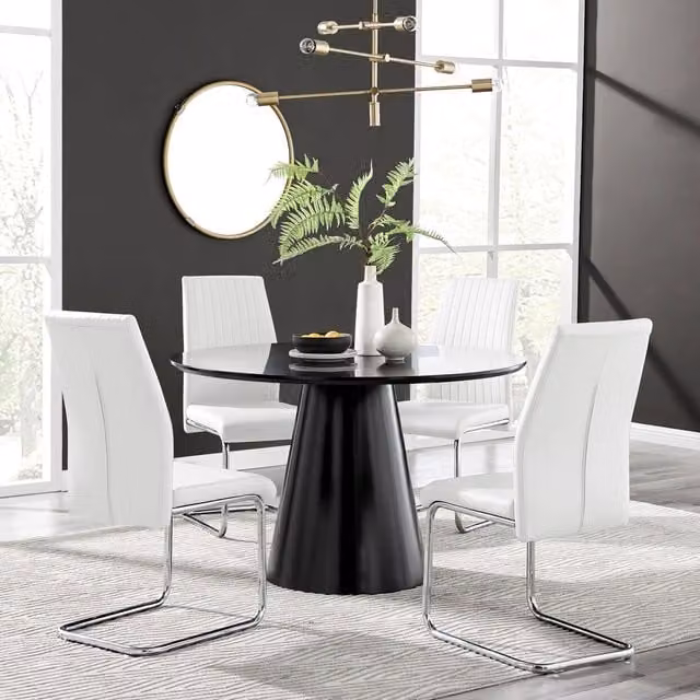 FurnitureboxUK Palma Black Semi Gloss Round Dining Table and 4 Lorenzo White Chairs