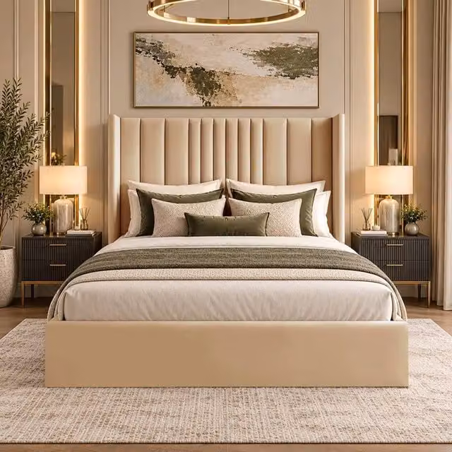 Desire Deco Adeline Upholstered Wingback Bed Frame in Beige, Size: King (180 x 200 cm)