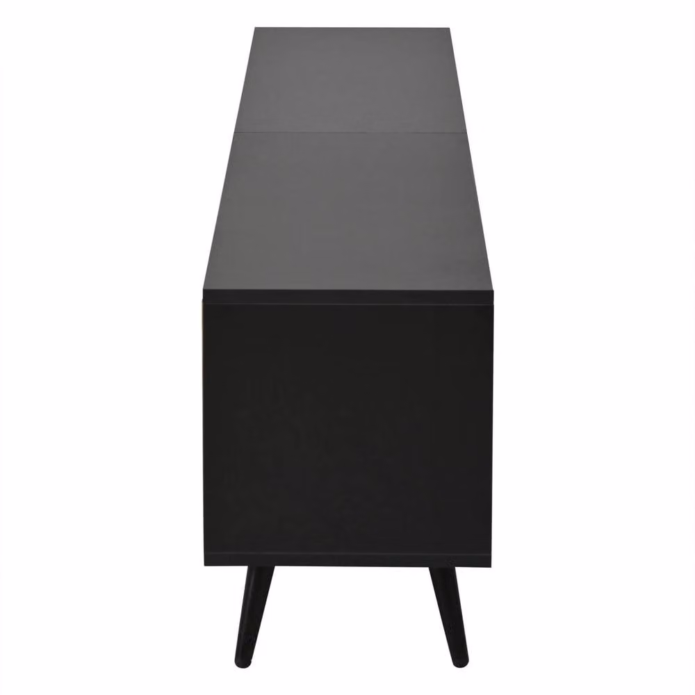ERGOVEXA Mid-Century Modern Entertainment Centre with Wood Grain Doors and Integrated Lighting in Black and Multicolour – 3