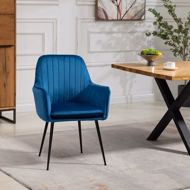 Artemis Home Set of 2 Carrara Blue Velvet Dining Chairs with Armrests