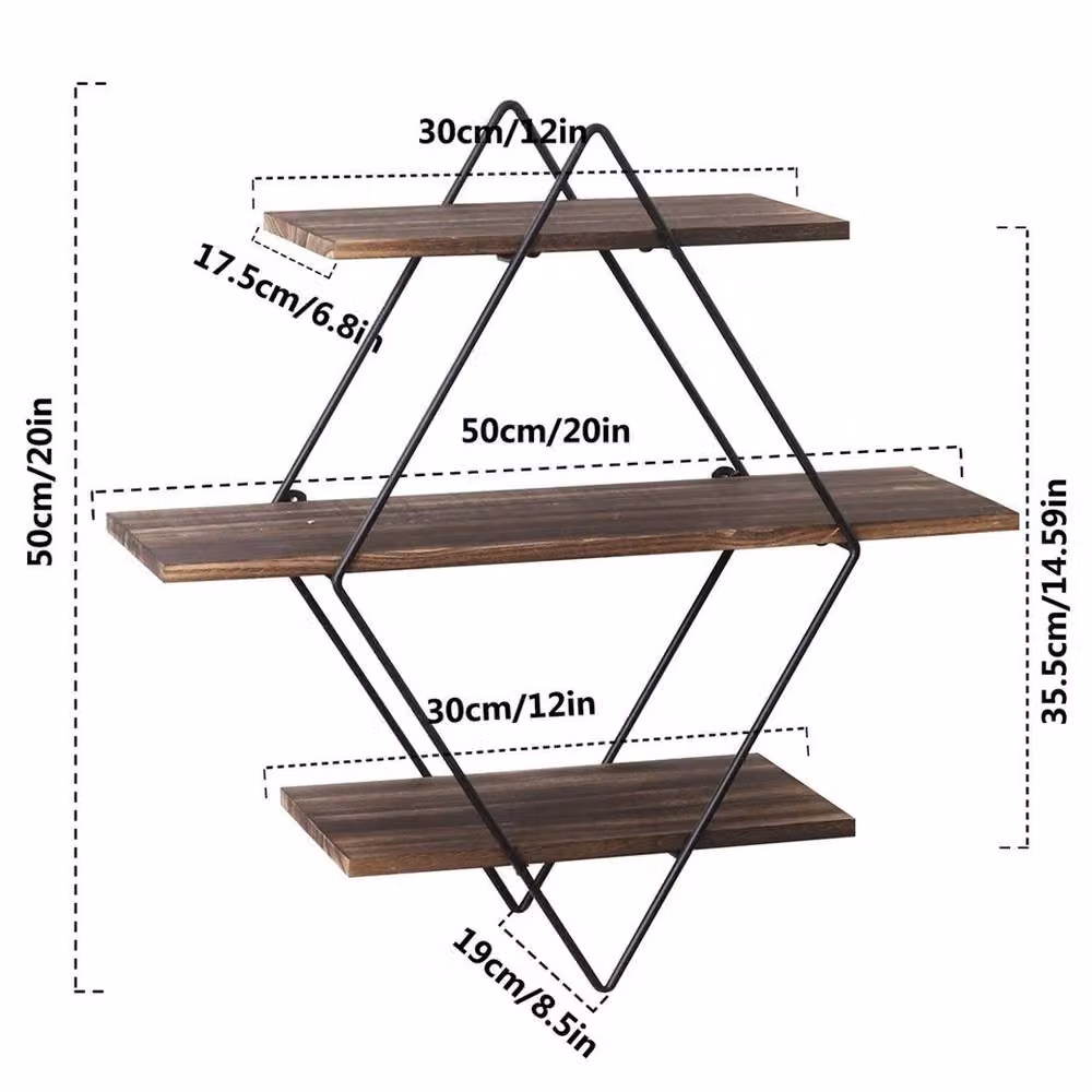 EONLION 3 Tier Diamond Geometric Floating Shelf with Metal Frame, Brown, Width: 50 cm – 2