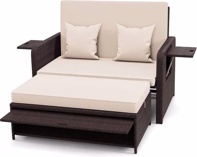 Costway Brown Polyrattan Patio Daybed Set with Loveseat Sofa, Ottoman and Side Tray