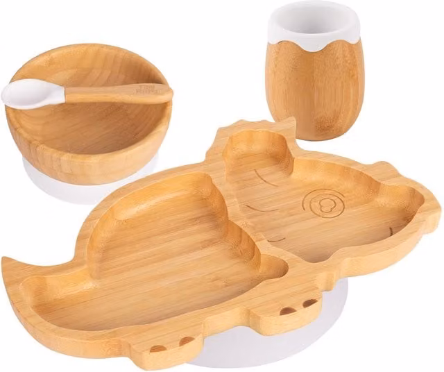 Tiny Dining Dinosaur Bamboo and Silicone 4pc Baby Feeding Set in White