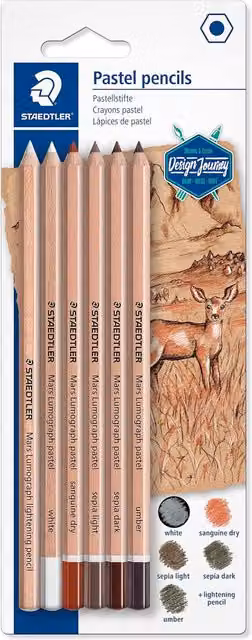 STAEDTLER Mars Lumograph Pastel Pencils, 6 Pack, Multi-colour and White