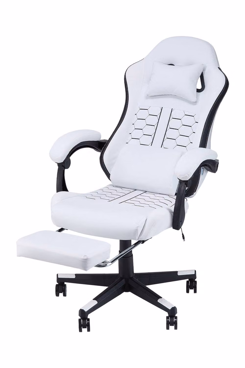 Living and Home High Back Gaming Chair with Massage Lumbar Support and Footrest in White – 2