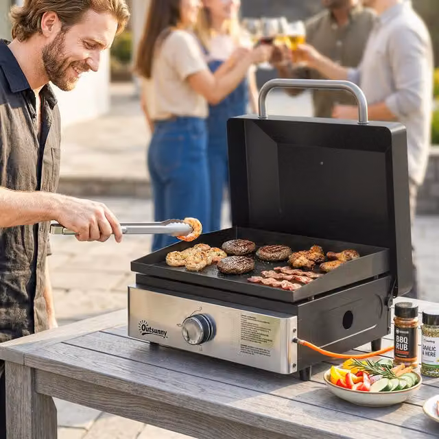 Outsunny 2 Burner Gas Tabletop Grill Griddle with Grease Cup, Black, Width: 57 cm
