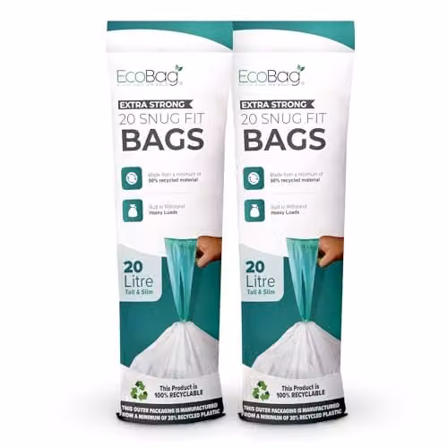 EcoBag 40 Pack White Heavy Duty Kitchen Drawstring Bin Liners, 20L, W: 42 cm x H: 76 cm
