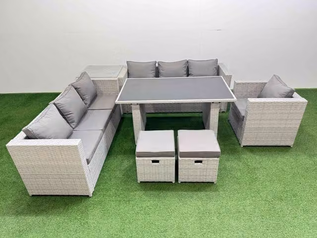 Fimous Patio Garden Furniture Set with Side Table and 2 Small Stools in Light Grey