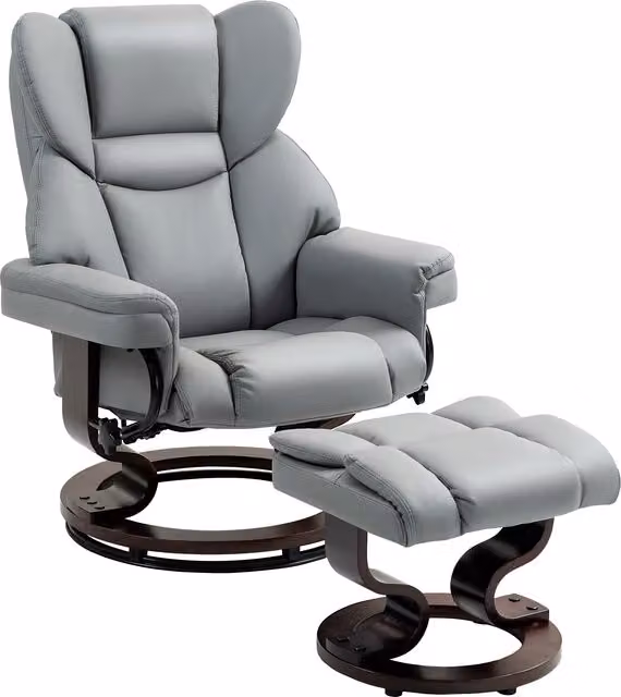 HOMCOM Faux Leather Swivel Recliner Chair and Footstool with Adjustable Backrest in Light Grey – 1