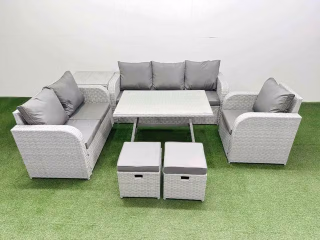 Fimous Patio Dining Table and Chairs Set with Reclining Chair and 2 Small Stools in Light Grey