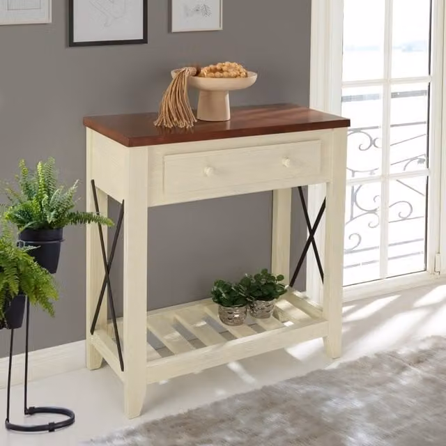 Mercers Furniture Cottage 1 Drawer Console Table in White and Grey Rustic Pine Wood