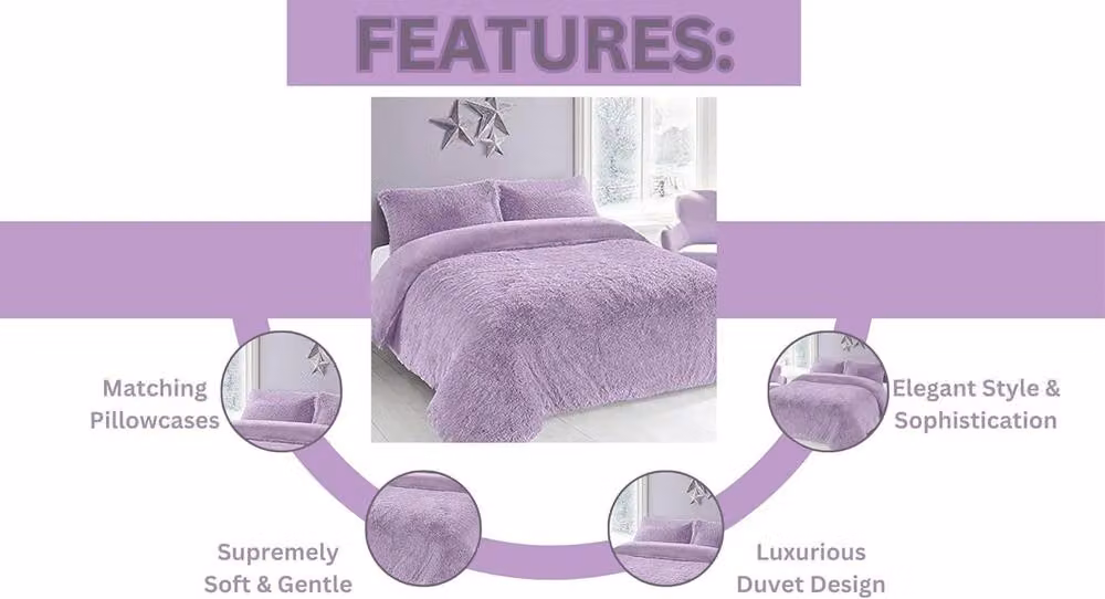 Homes-Linen Alaska Long Fur Teddy Fleece Duvet Cover Set in Purple, Super King, 200 x 200 cm – 2