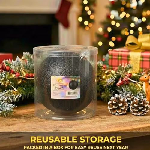 Shatchi Black Glitter Christmas Bauble, Round Plastic Hanging Ornament, Diameter: 20 cm – 3