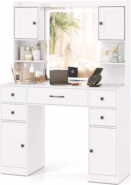 COSTWAY Modern White Makeup Vanity Desk with Hollywood LED Mirror