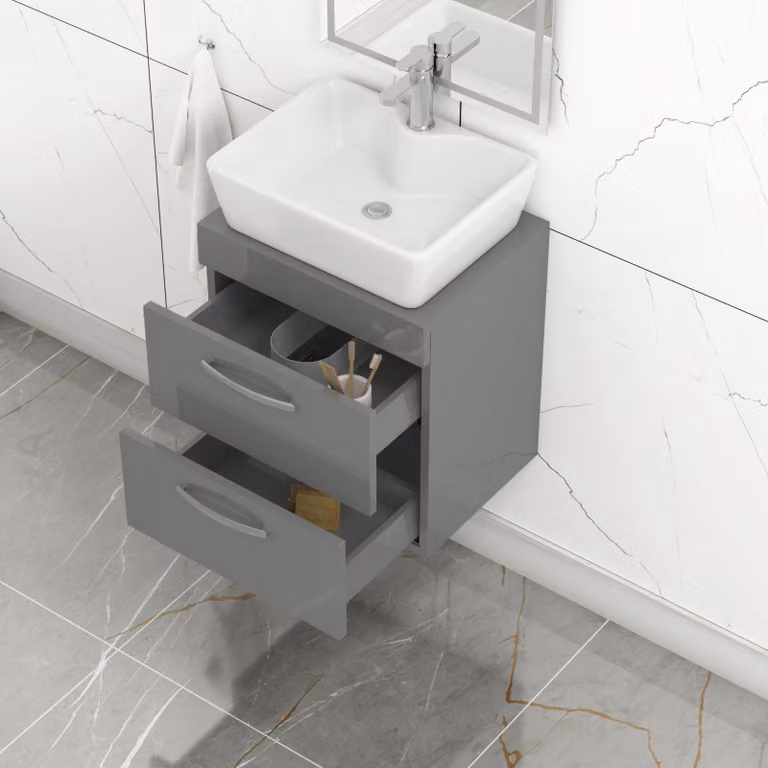 Royal Bathrooms Grey Gloss Wall Hung Vanity Unit with 2 Drawers and Cube Countertop Basin, Width: 50 cm