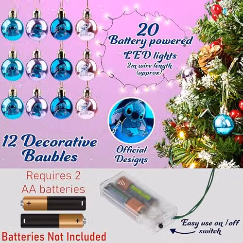 Disney Stitch Tabletop Christmas Tree with 12 Baubles and Pre-lit LED White String Lights in Multi Colour – 3