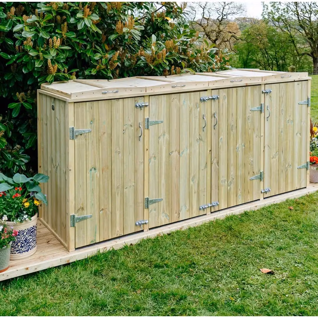 Buttercup Farm Shireburn Bin Store in Natural Wood and Galvanised Steel, Fits 3x 180L/240L Wheelie Bins and 2x Boxes – 2