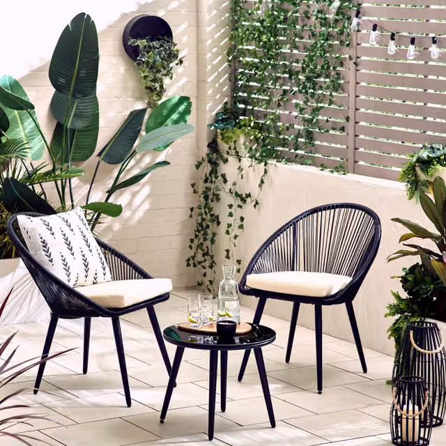 FurnitureboxUK Bora Outdoor 2 Seat Bistro Set in Black with Glass Round Table and Weather Resistant Cushions
