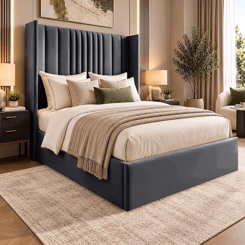 Desire Deco Adeline Upholstered Wingback Bed Frame in Charcoal Grey Velvet, Size: King (180 x 200 cm) – 2