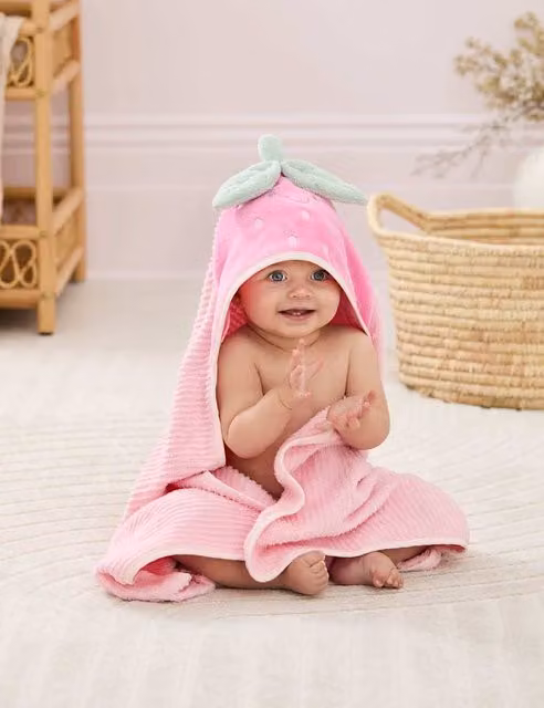 JoJo Maman Bébé Pink Strawberry Hooded Cotton Terry Towel for Babies