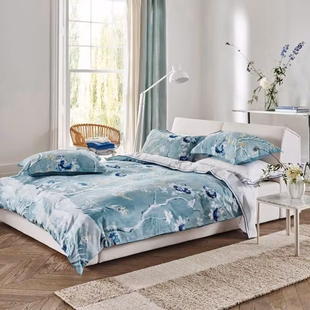 Designers Guild Manohari Floral Cotton Mako Satin Duvet Cover Bedding Set in Delft Blue and Green