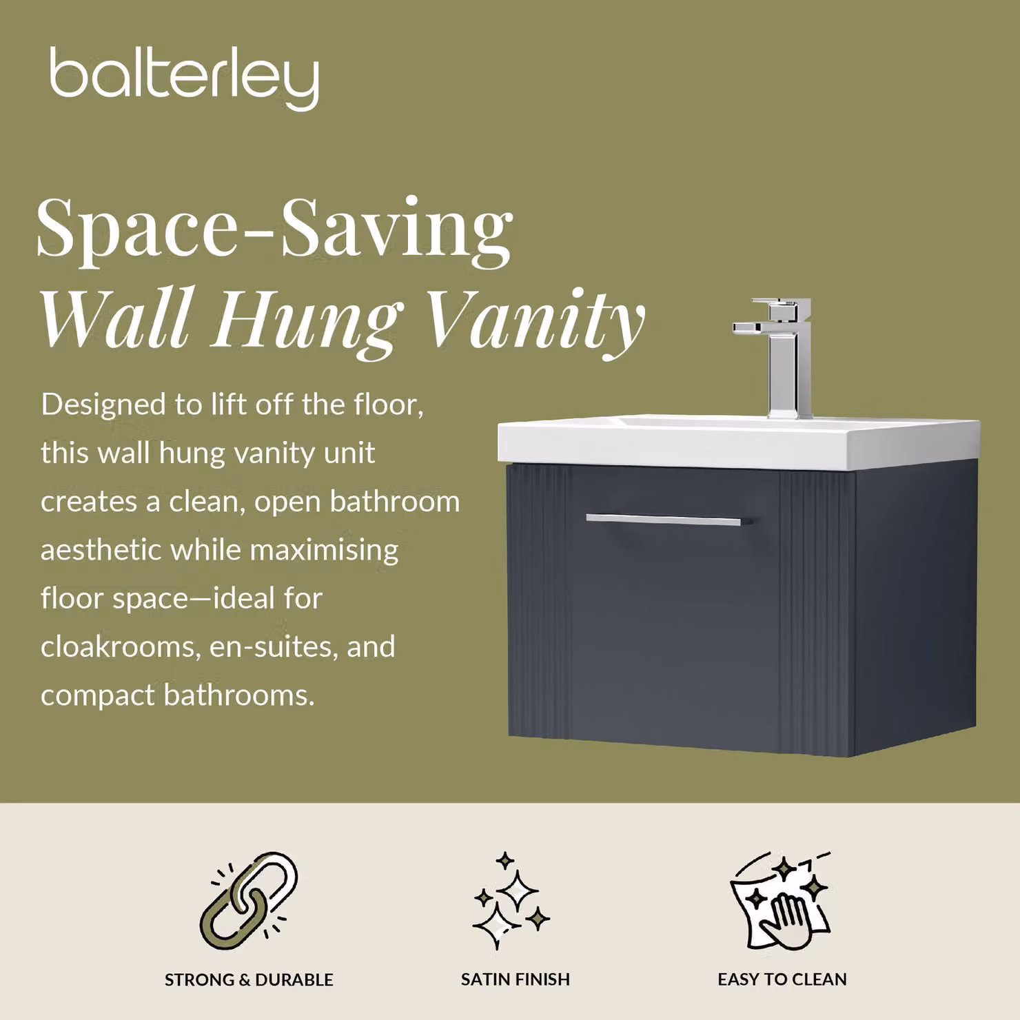 Balterley Wall Hung Single Drawer Vanity Unit with Mid-Edge Basin in Matt Dark Grey, W/D/H: 51.0 x 39.0 x 39.9 cm – 2