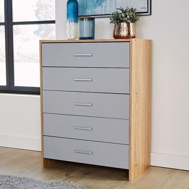 Home Source 5 Drawer Oak Bedroom Chest and Storage Organiser in Grey and Black